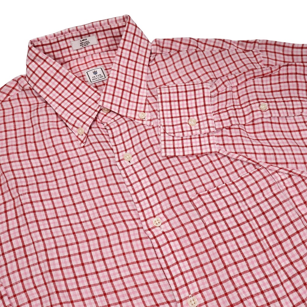 PETER MILLAR Men's L Red White Check 100%‎ Linen Long Sleeve Button Down Shirt